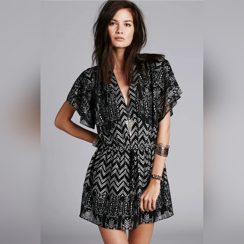 Free People Love Your Chaos Black Combo Metallic Print Drop Waist Dress sz L